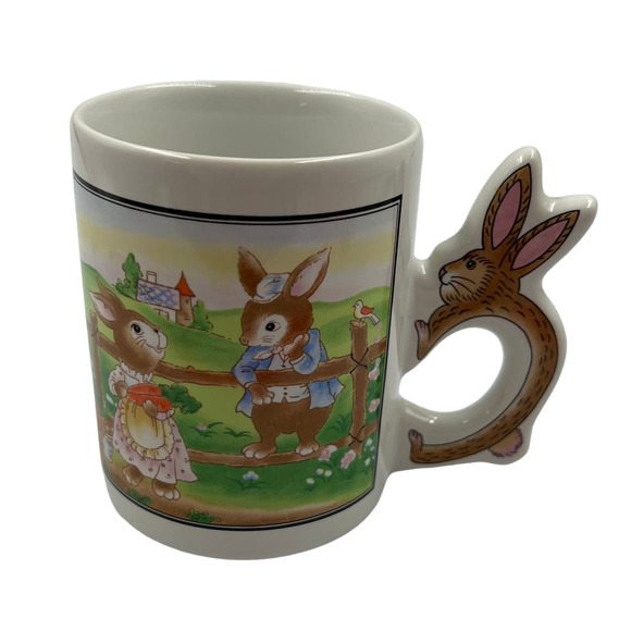 Vintage Glazed Ceramic Coffee Mug Cup Spring Easter Bunny Rabbit Handle - Picture 1 of 9